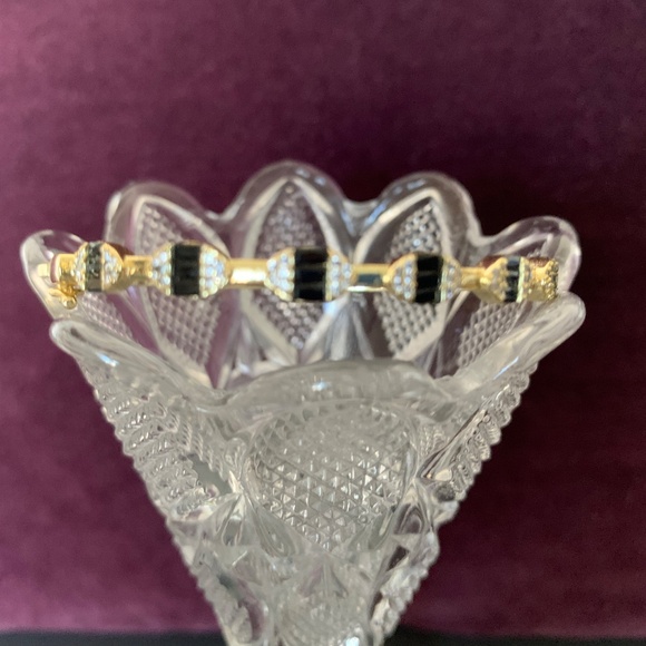 Gold Tone Hinged Bangle Bracelet with Black and Clear Rhinestones – Deco Style - Picture 1 of 4